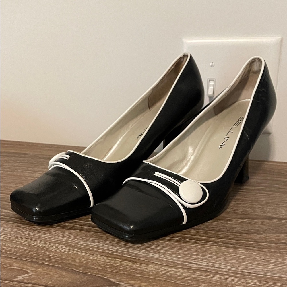 Bellini Shoes Women Size 9W Black White Trim Accents Mid-Height Heel Square Toe - Picture 3 of 10